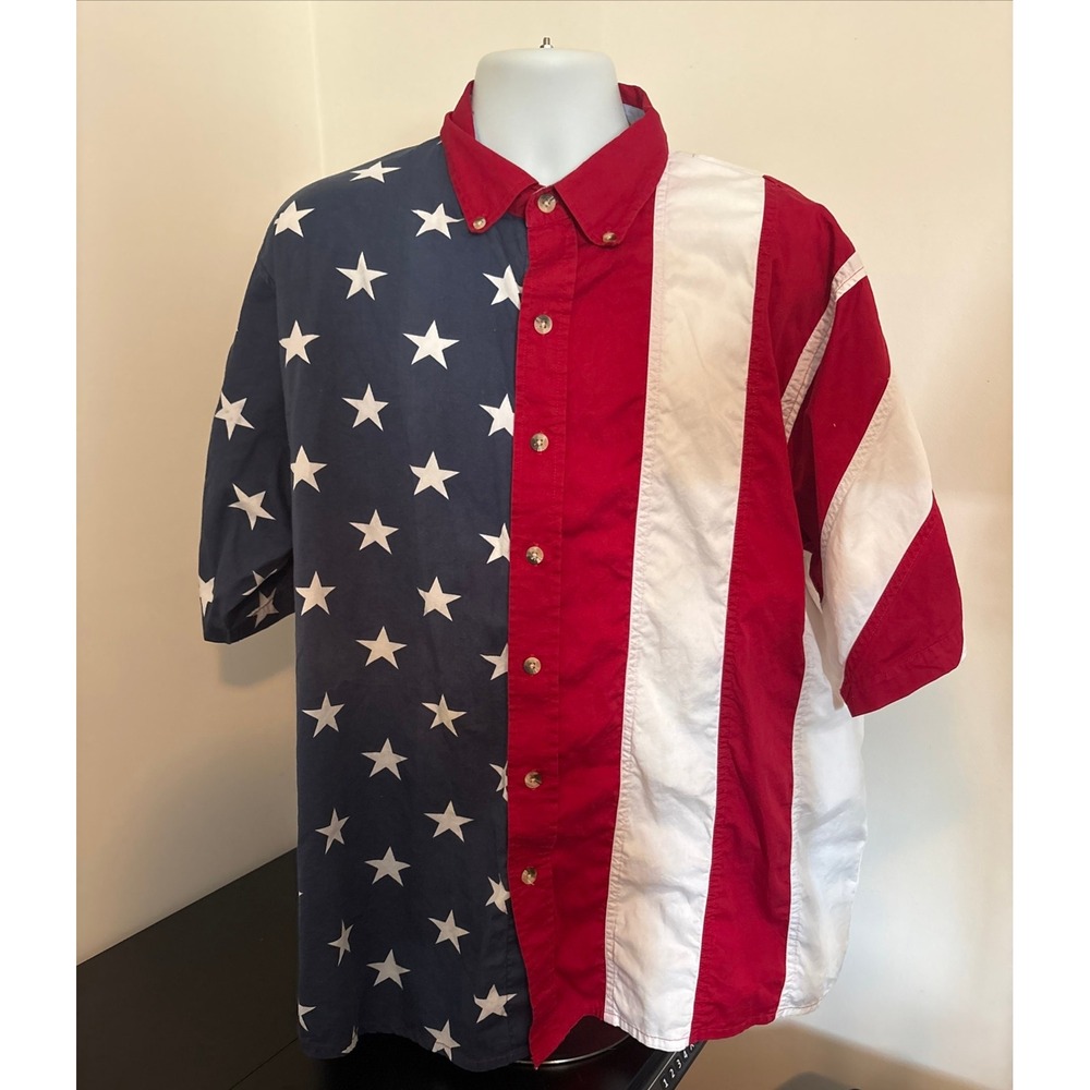 Cotton Traders Sport Mens XL American Flag Stars Stripes Button Down Shirt MD100